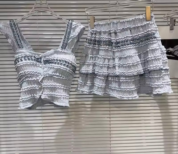 Women Sleeveless Bling Ruffled Sexy Two Piece Skirt Set