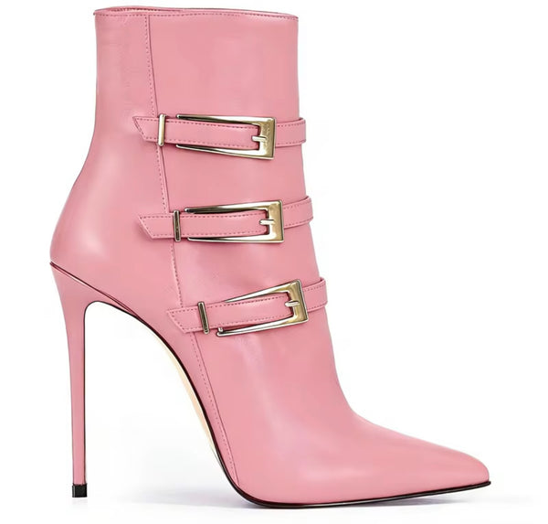 Women Fashion Pointed Toe Faux Leather Triple Buckle Ankle Boots