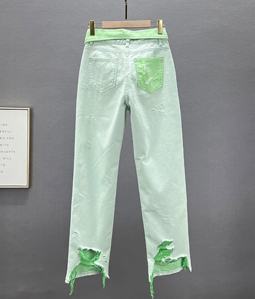 Women Green Ripped Fashion Denim Pants