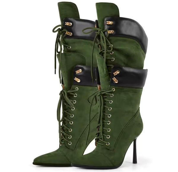 Women Color Suede Tie Up High Heel Knee Length Boots