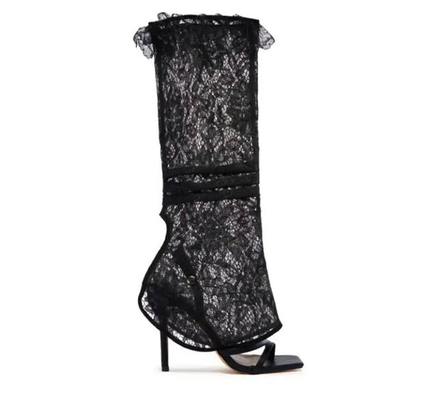 Women Fashion Open Toe Lace Detachable Black Boots