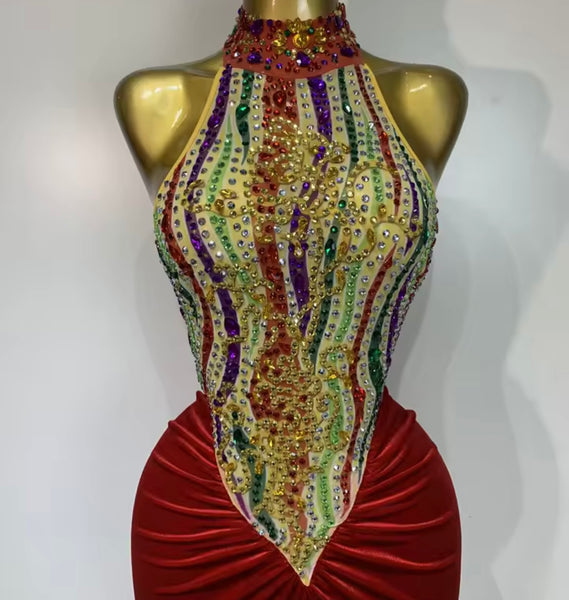 Women Halter Sleeveless Velvet Multicolored Rhinestone Maxi Dress