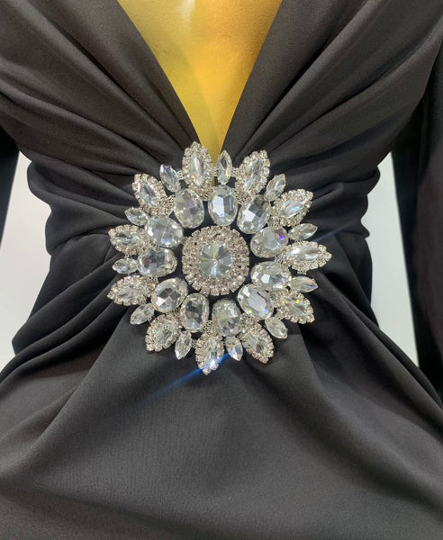Women Sexy V-Neck Full Sleeve Ruched Rhinestone Maxi Dress
