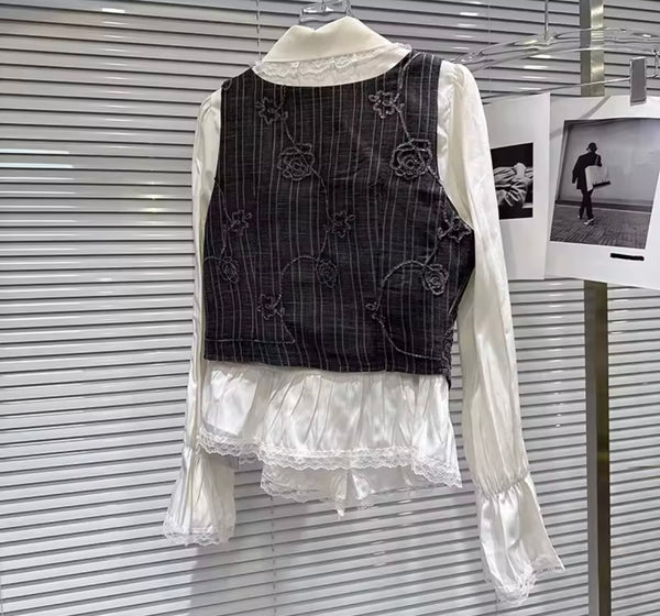 Women Ruffled Full Sleeve Gray Pinstripes Two Piece Skirt Set