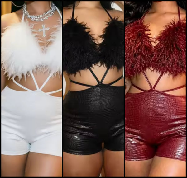Women Sexy Feather Halter Open Back Sleeveless PU Romper