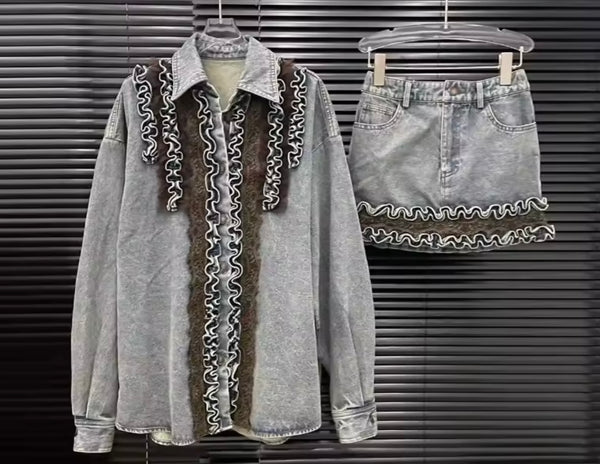 Women Fashion Color Ruffled Full Sleeve Denim Two Piece Skirt Set