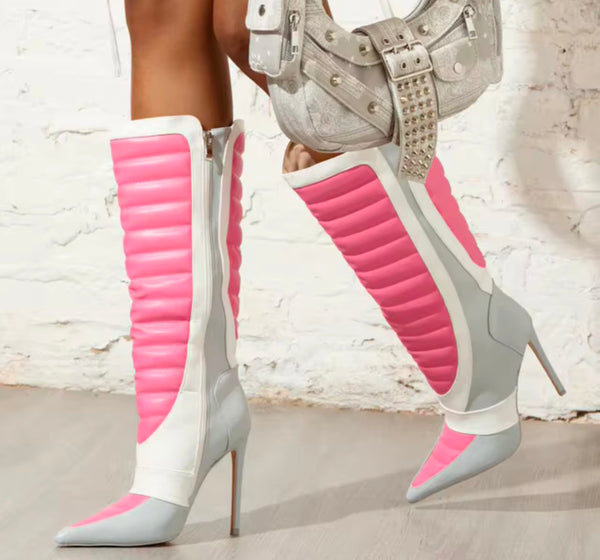 Women Color Patchwork Pointed Toe Faux Leather Ankle Boots
