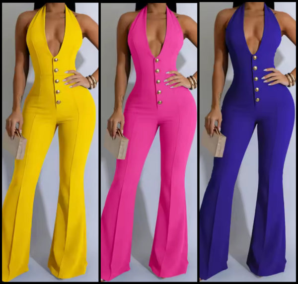 Women Sexy Fashion Button Halter Sleeveless Jumpsuit