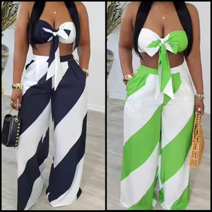 Women Sexy Tie Up Strapless Color Patchwork Two Piece Pant Set