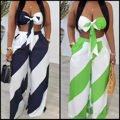 Women Sexy Tie Up Strapless Color Patchwork Two Piece Pant Set