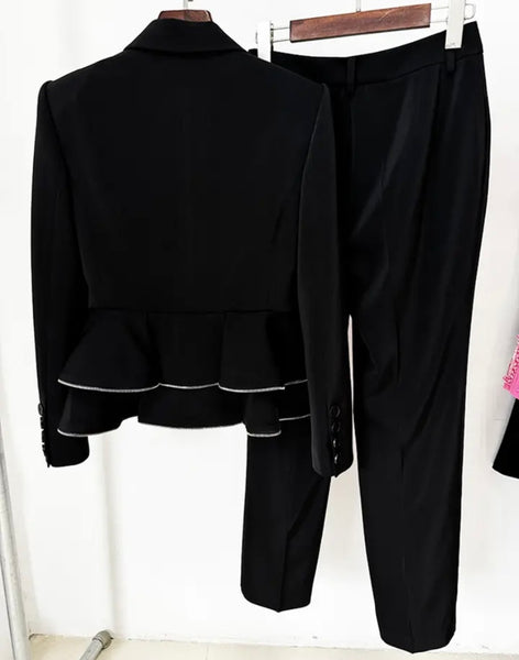 Women Black Button Up Ruffled Zipper Two Piece Blazer Pant Set