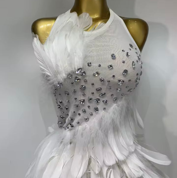 Women White Halter Sleeveless Rhinestone Feather Dress