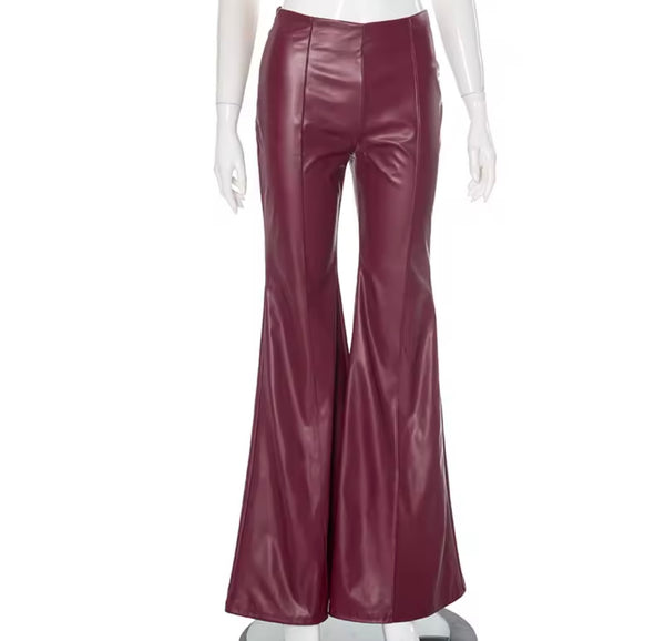 Women Color PU Fashion Bell Bottom Pants