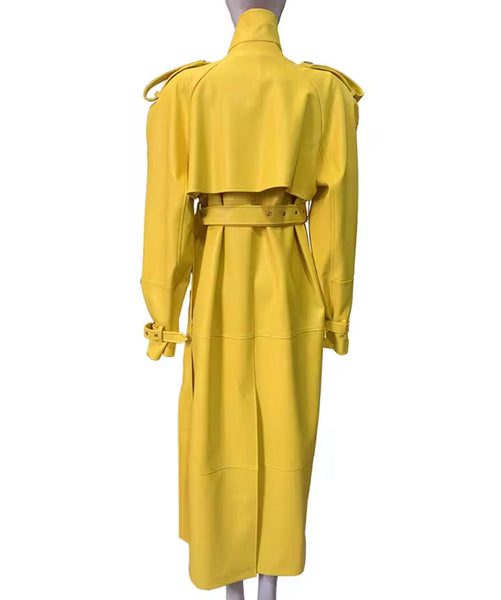 Women Fashion Yellow Belted Button Up Faux Leather Trench Jacket