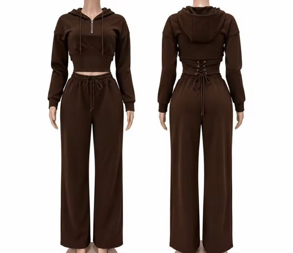 Women Hooded Open Lace Up Back Two Piece Pant Set