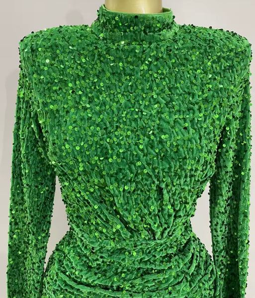 Women Green Sequins Sexy Glove Full Sleeve Ruched Dress