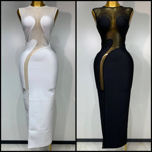 Women Sexy Solid Color Mesh Patchwork Sleeveless Maxi Dress
