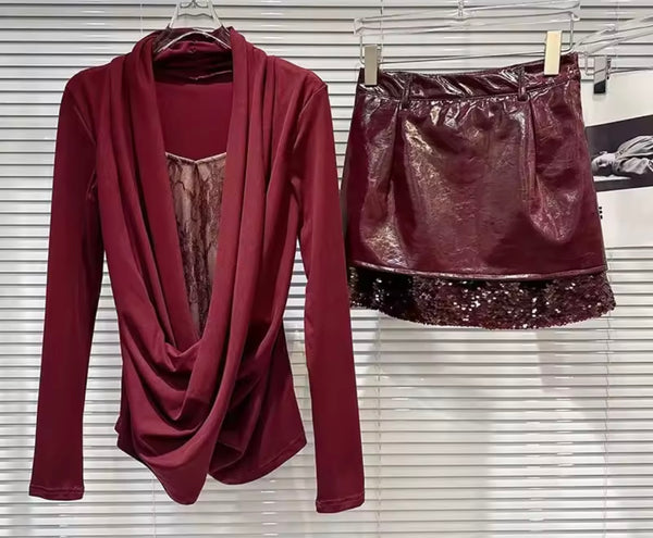 Women Sexy Full Sleeve Two Piece Sequins PU Leather Skirt Set