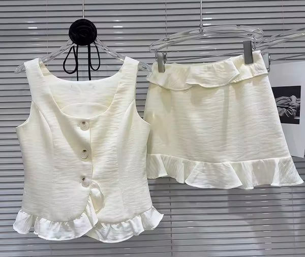 Women Sexy Button Up Ruffled Sleeveless Two Piece Skirt Set