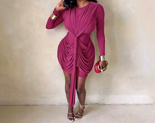 Women Sexy Draped Ruche Tassel Full Sleeve Dress
