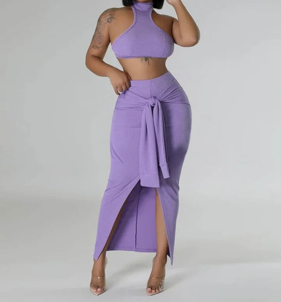 Women Sexy Halter Sleeveless Tie Up Two Piece Skirt Set