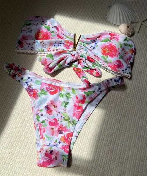 Women Sexy Strapless Floral Bikini Swimsuit
