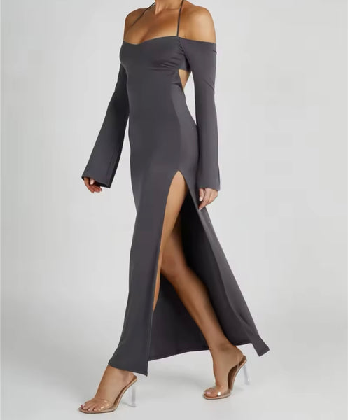 Women Sexy Gray Off The Shoulder Open Back Maxi Dress