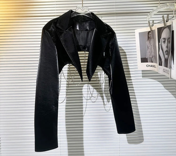 Women Black Fashion Chain Faux Leather Crop Jacket