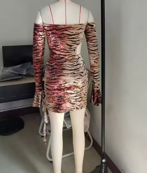 Women Sexy Off The Shoulder Full Sleeve Leopard Cut Out Dress