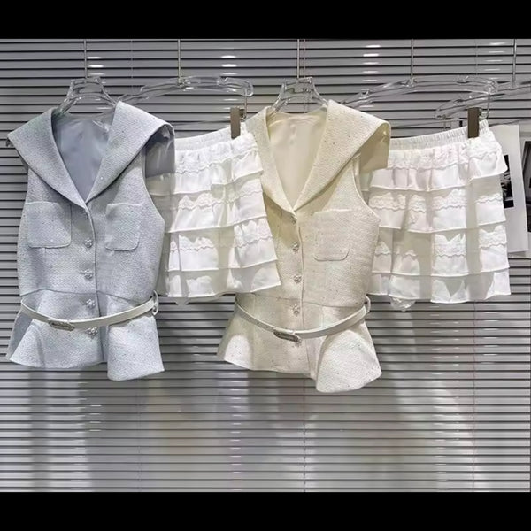 Women Collar Button Up Sleeveless Blazer Two Piece Ruffle Skirt Set
