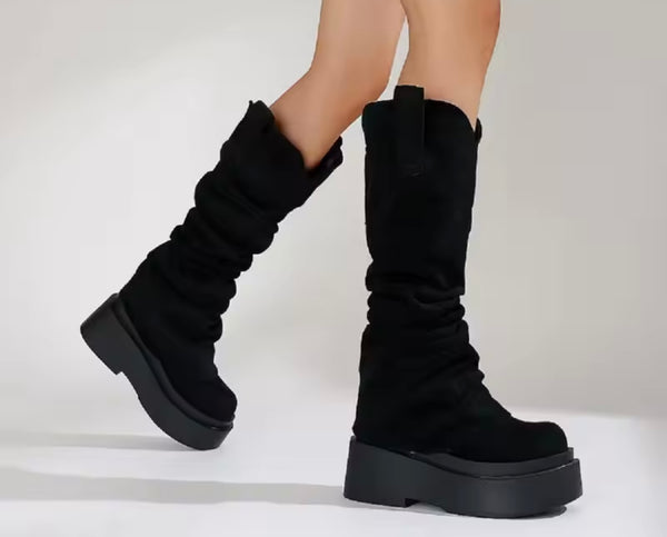 Women Fashion Color Platform Suede Ruched Knee High Boots
