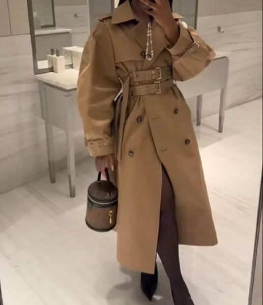 Women Fashion Khaki Buckle Long/Short Jacket