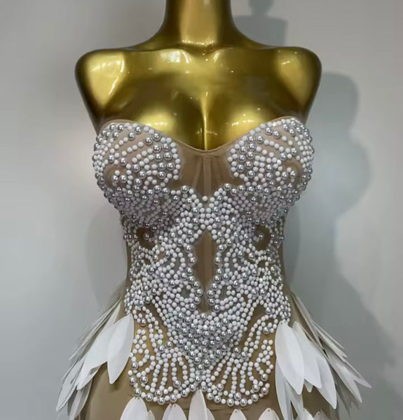 Women Sexy Strapless Beaded Feather Side Split Mesh Maxi Dress
