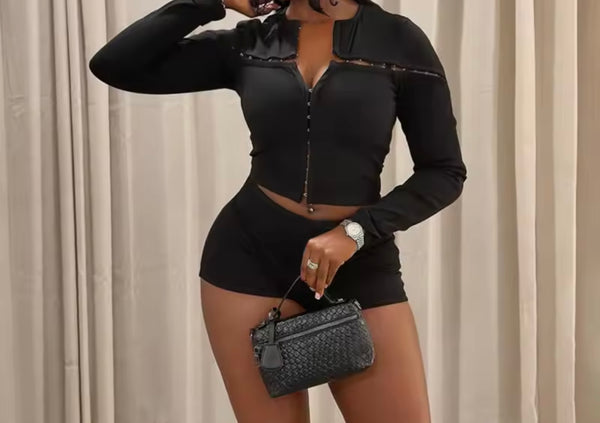 Women Black Sexy Fashion Full Sleeve Two Piece Short Set