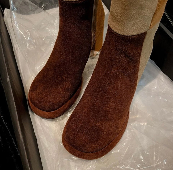Women Fashion Suede Color Patchwork Knee High Boots