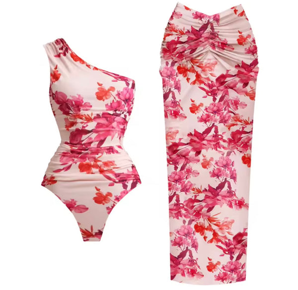 Women Sexy Pink Floral One Shoulder Swimsuit Cover Up Set