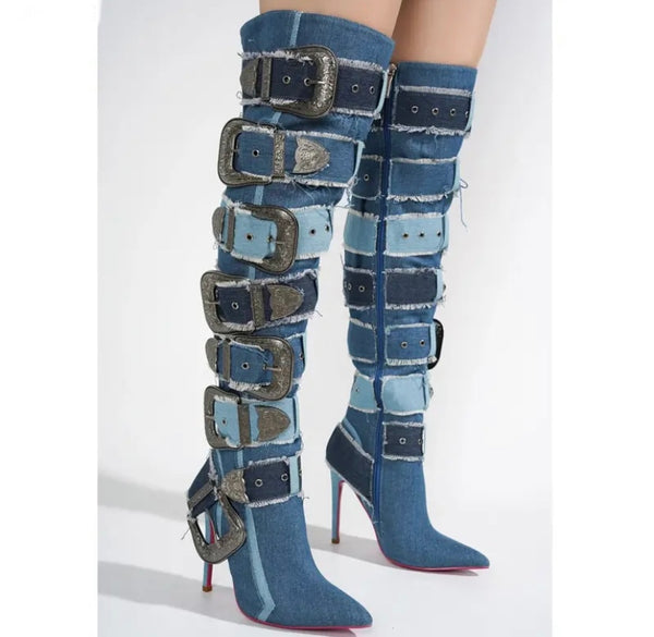 Women Fashion Color Patchwork Buckled Denim Knee High Boots