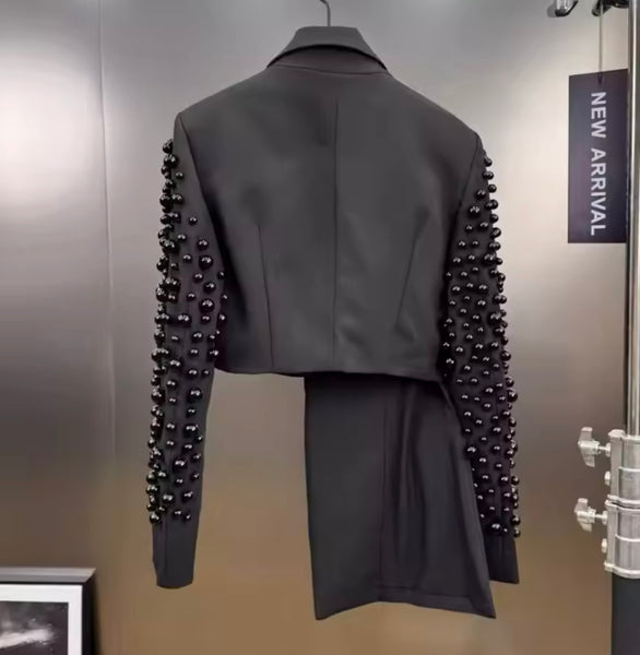 Women Fashion Asymmetrical Beaded Blazer Two Piece Skirt Set