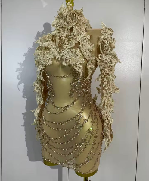 Women Sexy Sequins Rhinestone Mesh Full Sleeve Dress