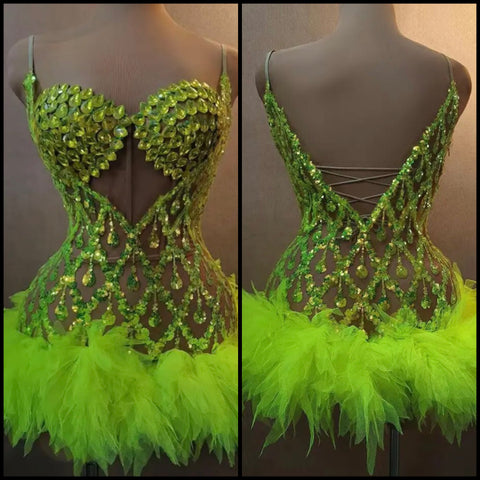 Women Sexy Sleeveless Green Crystal Feather Dress