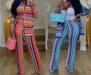 Women Fashion Button Up Full Sleeve Color Striped Two Piece Pant Set