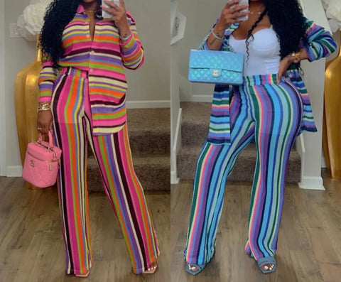 Women Fashion Button Up Full Sleeve Color Striped Two Piece Pant Set