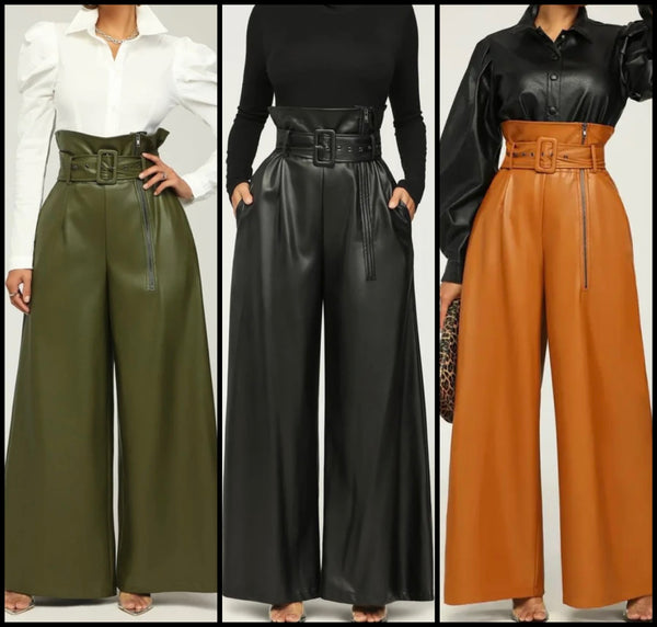 Women Side Zipper Fashion Faux Leather Wide Leg Pants