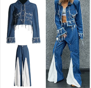 Women Fashion Fringe Denim Jacket Two Piece Color Patchwork Pant Set