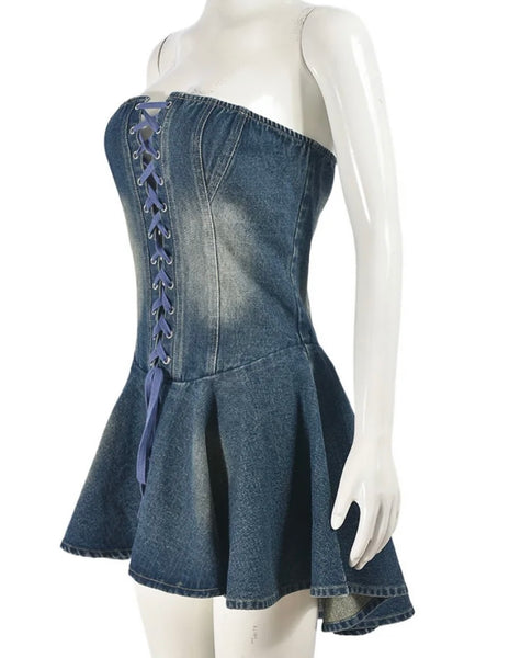 Women Sexy Strapless Lace Up Denim Ruffled Dress