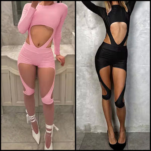 Women Sexy Cut Out Full Sleeve Bodysuit Two Piece Short Set