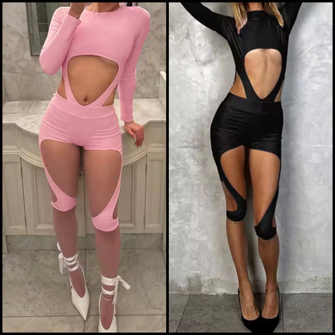 Women Sexy Cut Out Full Sleeve Bodysuit Two Piece Short Set