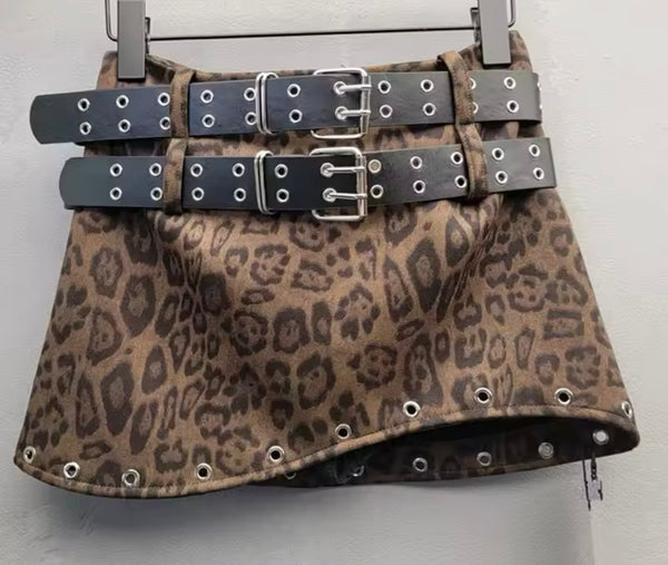Women Fashion Rivet Double Belt Suede Skirt