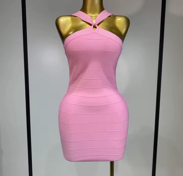 Women Sexy Pink Halter Sleeveless Bandage Dress