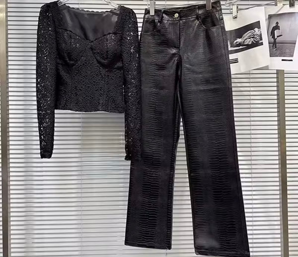 Women Fashion Lace Full Sleeve Two Piece Faux Leather Pant Set